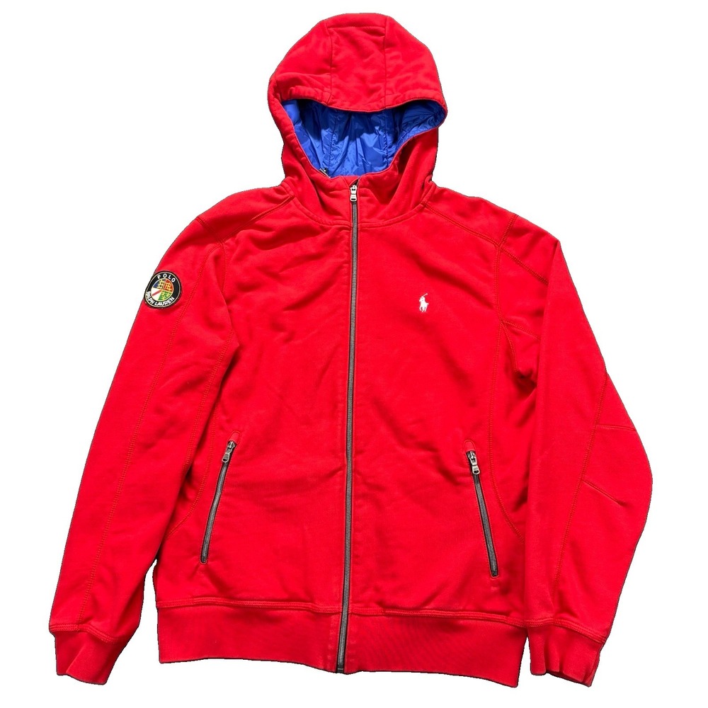 VTG‎ Polo Ralph Lauren Jacket Mens Large Red Full Zipped Cookie Patch Hooded